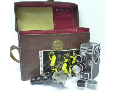 A Bolex Paillard cine camera with accessories, in a leather case