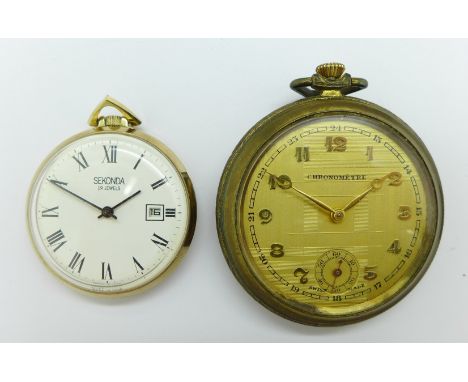 A pocket watch, Art Deco dial, signed chronometer and a Sekonda dress pocket watch