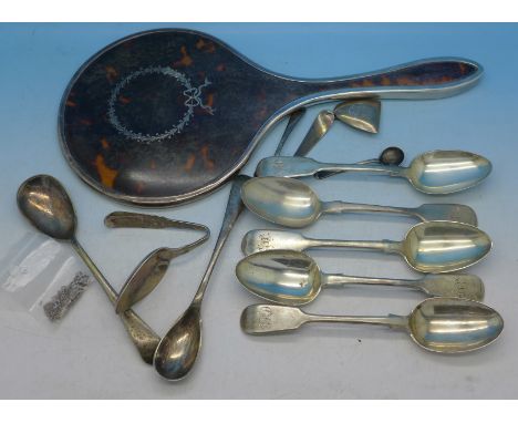 A silver and tortoiseshell hand mirror, two Victorian silver spoons by George Adams, three other 19th Century silver spoons, 