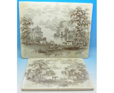 Two 19th Century ceramic tiles of classical lakeside landscapes with cattle in the foreground, a/f and crazed