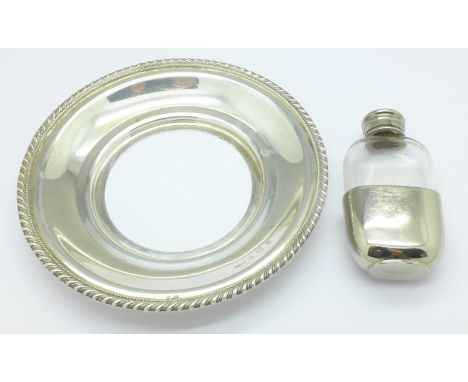 A silver dish lacking glass insert and a small plated and glass hip flask, silver weight 77g