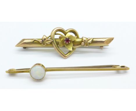 A 9ct gold and opal brooch and a 9ct gold heart shaped brooch set with a red stone, 3.2g