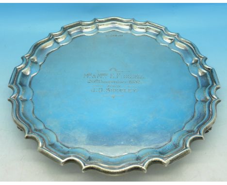 A silver tray with inscription dated 1932, Walker & Hall, 356.5g, 21cm