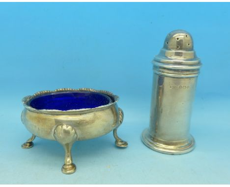 A silver salt with blue glass liner and silver pepper pot, 108g