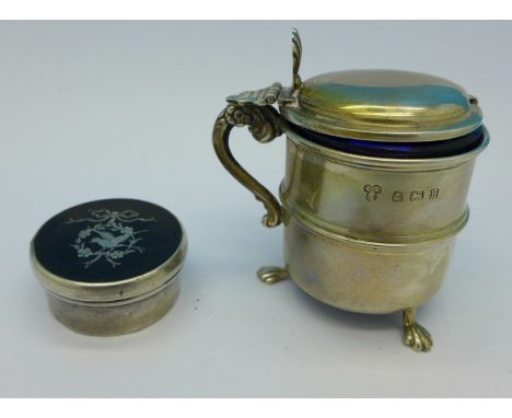 A silver mustard and a silver and tortoiseshell box, 46.3g