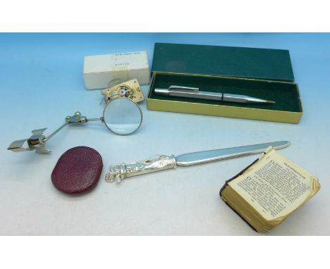 A hallmarked silver Yard-O-Led pencil, a novelty golf bag letter opener, a carriage clock balance, a magnifying glass and a p