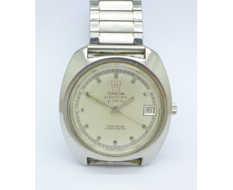 An Omega Electronic f300Hz Geneve chronometer date wristwatch, the case back bears inscription