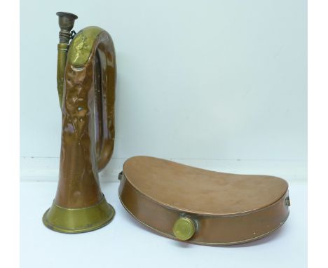 A copper bugle marked Henry Potter, London 1887 and a copper flask