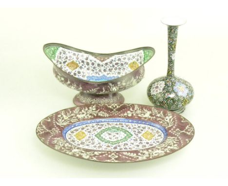 A PERSIAN PAINTED ENAMEL OVAL BOWL AND STAND AND A SIMILAR VASE, PURCHASED IN TEHRAN, CIRCA 1960