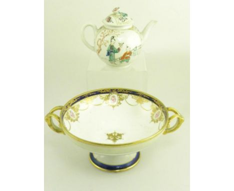 A WORCESTER GLOBULAR POLYCHROME TEAPOT AND COVER, CIRCA 1770 AND A NORITAKE TWO HANDLED AND FOOTED BOWL DECORATED WITH ROSE M