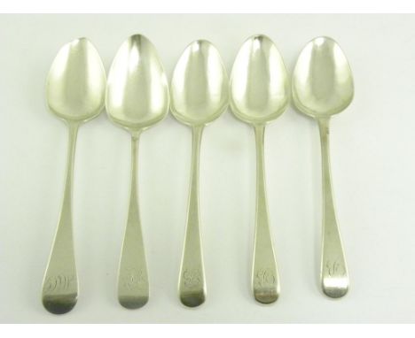 TWO AND A SET OF THREE GEORGE III SILVER DESSERT SPOONS, OLD ENGLISH PATTERN, ALL  LONDON, THE SET 1806, 5OZS