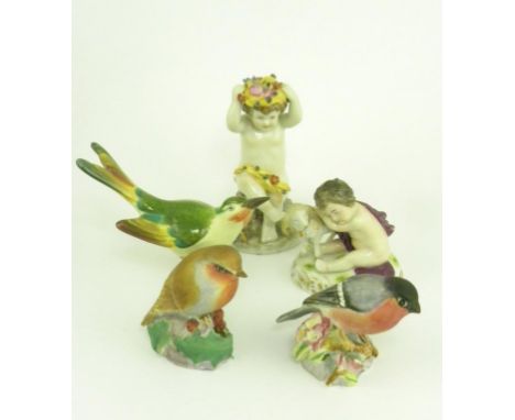A HEREND BIRD, TWO ROYAL WORCESTER BIRDS AND TWO CONTINENTAL PORCELAIN FIGURES OF CHILDREN 