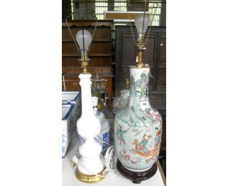 A CHINESE PORCELAIN FAMILLE ROSE VASE, LATE 19TH CENTURY, NECK REDUCED AND ADAPTED AS A LAMP, WOOD STAND