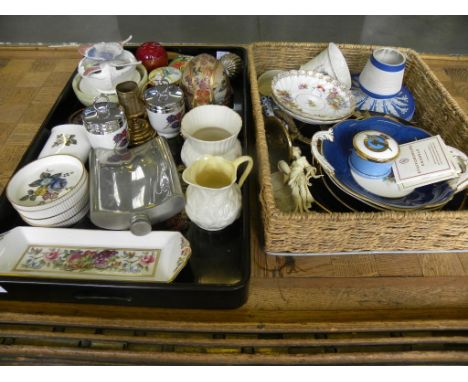 A WEDGWOOD BLUE JASPER DIP MATCH STAND, MISCELLANEOUS SMALL ORNAMENTAL CERAMICS, 20TH CENTURY MINIATURE ENAMEL BOXES, A LACQU