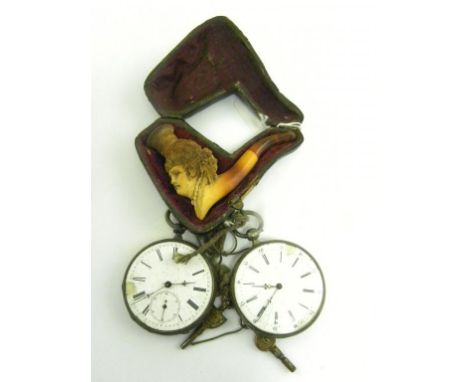 A 19TH CENTURY CARVED MEERSCHAUM CHEROOT HOLDER IN THE FORM OF THE HEAD OF A LADY, AMBER MOUTHPIECE, CASED AND TWO CONTEMPORA