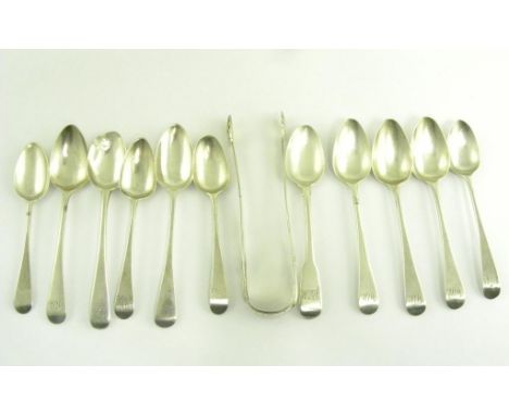 ELEVEN VARIOUS SILVER, MAINLY GEORGE III, TEASPOONS, OLD ENGLISH PATTERN AND A PAIR OF SILVER SUGAR BOWS, VARIOUS MAKERS AND 