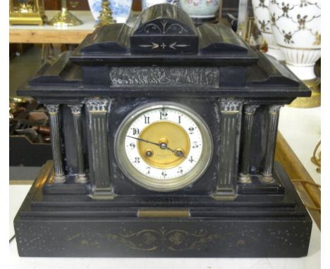 A LATE 19TH CENTURY BELGIAN SLATE MANTLE CLOCK OF ARCHITECTURAL DESIGN, THE GILT BRASS DIAL WITH PRIMROSE ENAMEL CHAPTER RING