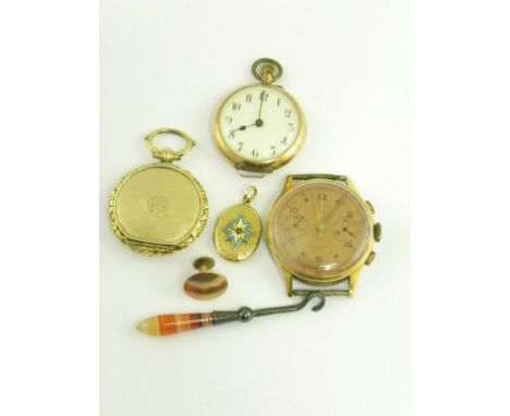 A SWISS GOLD PLATED GENTLEMAN'S CHRONOGRAPH WRISTWATCH, A SWISS GOLD AND ENAMEL KEYLESS FOB WATCH, THE BACK DECORATED WITH FL