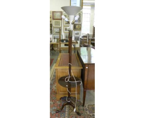 A PAIR OF MAHOGANY TRIPOD STANDARD LAMPS WITH DISHED TIER