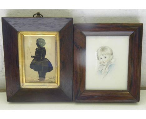 A 19TH CENTURY MINIATURE OF A CHILD, FULL LENGTH HOLDING A WHIP, INK AND WASH ON CARD, CONTEMPORARY ROSEWOOD FRAME AND A WATE