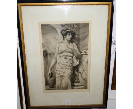 John William Godward: photogravure print, three quarter length portrait of a classical beauty, signed in pencil, 23" x 15", m