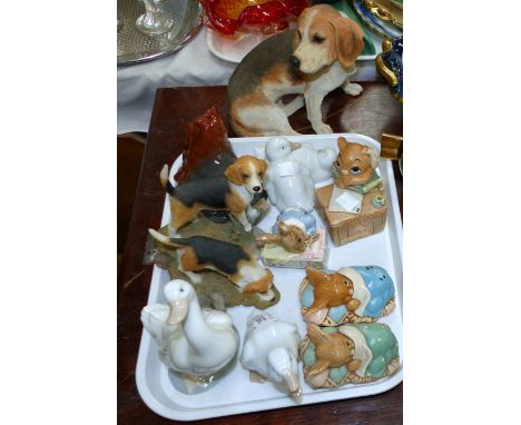 Three Nao ducks; 2 Pendelfin rabbits; a Beswick Yorkshire terrier; a Royal Doulton "New Baby Rabbit"; 2 resin hounds