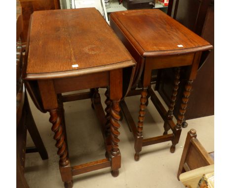 A small 19th century golden oak drop leaf table on bobbin legs and a similar table on barley twist legs