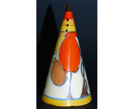 A conical sugar dredger by Clarice Cliff, 'Orange Autumn', black printed label for Newton Pottery, height 6"