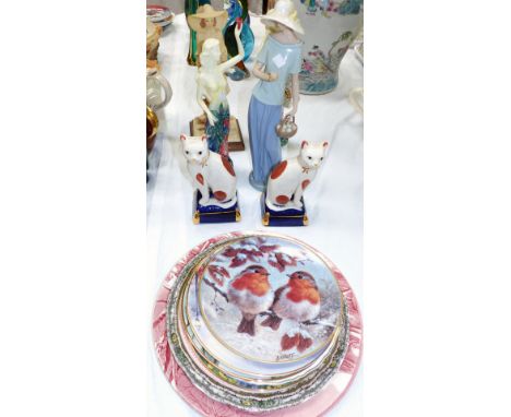 Two Old Tupton ware figures; a Nao figure of a young woman, 14½"; a pair of pottery cats; other decorative china