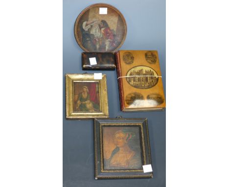 A Mauchlineware bound book:  "Lay of the Last Minstrel"; a horn snuff box; 2 miniature oil portraits, framed; a painted terra