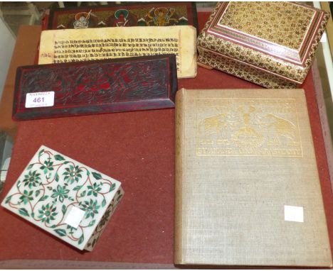 The Arts of India and Ceylon by A Coomaraswamy, 1st ed, 1913, a manuscript board book with miniatures, an alabaster box inlai