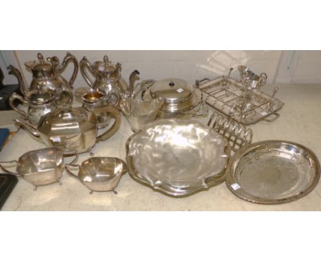 A silver plated 3 piece tea service; a similar 4 piece service; other silver plate