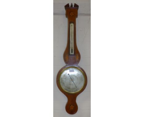 A 19th century Sheraton style inlaid mahogany banjo barometer with silver scale and barometer, broken architectural pediment 