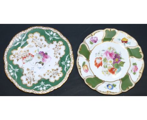 A 19th century English porcelain dessert plate, hand painted, by Derby, with alternating green and gilt border and polychrome
