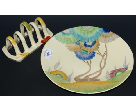 A shallow dish by Clarice Cliff, ; 'Blue Rhodanthe', black printed label for Newton Pottety, diameter 9"an Art Deco 4 divisio