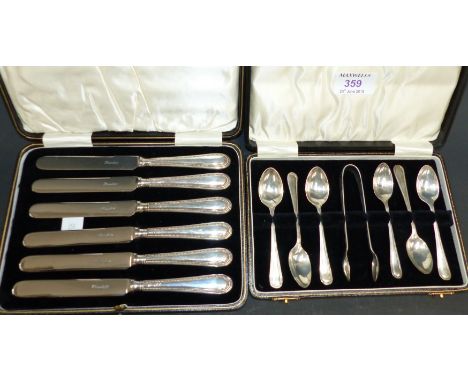 A set of 6 silver coffee spoons and tongs, with beaded borders, Birmingham 1930, 3 oz.; a similar set of 6 silver handled tea