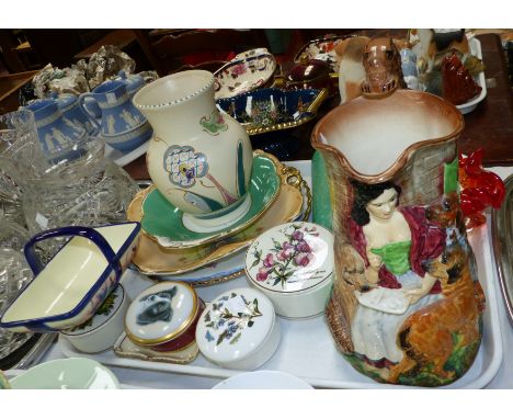 A Burleigh "Old Feeding Time" jug; 4 Mason's Mandalay items; a 1930's Crown Ducal blue lustre dish; a Carlton Rouge Royale co