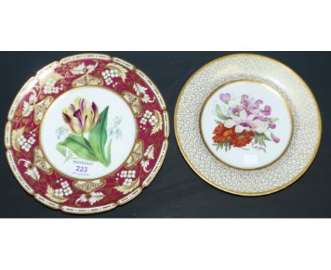 A 19th century English porcelain dessert plate, hand painted, by Samuel Alcock for T Pearce & Son, London, with deep red and 