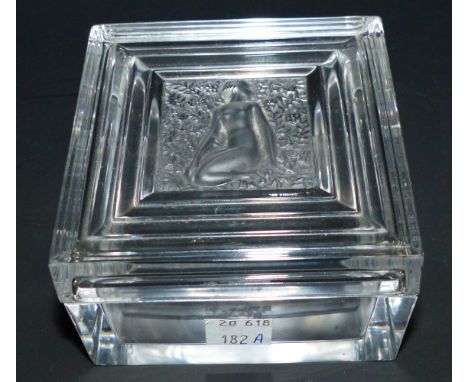 A Lalique glass trinket box with frosted panel of a nude woman, signature Lalique France 