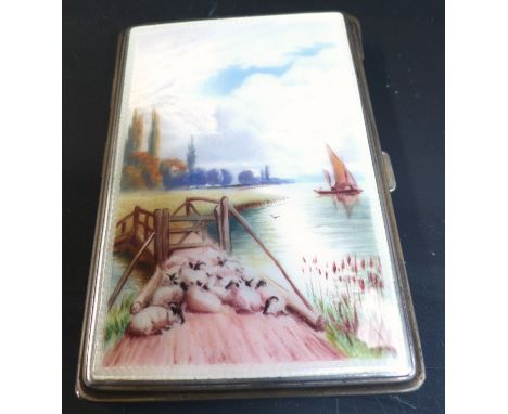 A continental silver and enamel cigarette case, river landscape with sheep