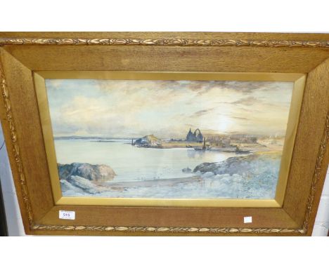 J S Hutton:  watercolour, Holy Island, signed, 11½" x 20", gilt framed