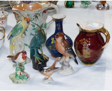 A 1930's Carlton chinoiserie lustre vase; a similar Crown Devon vase; a Shelley lustre vase; 5 china birds