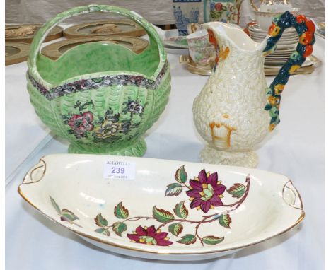 A Clarice Cliffe 'Celtic Harvest' jug; a 1930's green lustre bowl (rim chipped) and a Maling lustre bowl