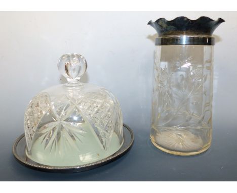 An early 20th century vase with EPNS rim; a heavy cut glass and EPNS cheese dish 