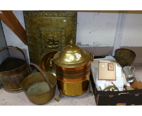 A brass coal bin and scuttle; a brass firescreen; brassware; lace and linen