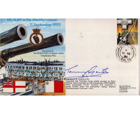 Navy WW2 Thomas Gould VC signed 50th ann Victory in the Mediterranean official Navy cover RNSC(6)8. Rare only 100 issued. On 