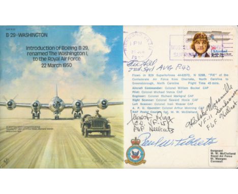 WW2 atom bomb pilot Brig Paul Tibbets signed B29 Washington cover. Rare variety also signed by US fighter aces James Rigg. Te