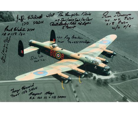 WW2 ten RAF bomber veterans signed 12 x 8 inch colour Lancaster Bomber in flight photo. Autographs include RAF veterans Jack 