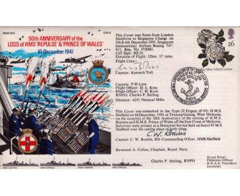 Navy Double signed 1991, 50th ann Loss of HMS Repulse and Prince of Wales official Navy cover RNSC(6)3. Signed by Capt Roddis