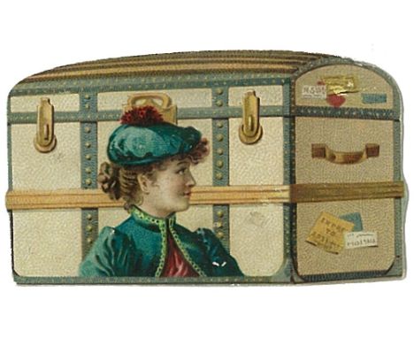 KINNEY, Die-Cut Novelties, inc. hot air balloon, travel trunk, lock, lamp, boot etc., scuff to back (1), G to VG, 9